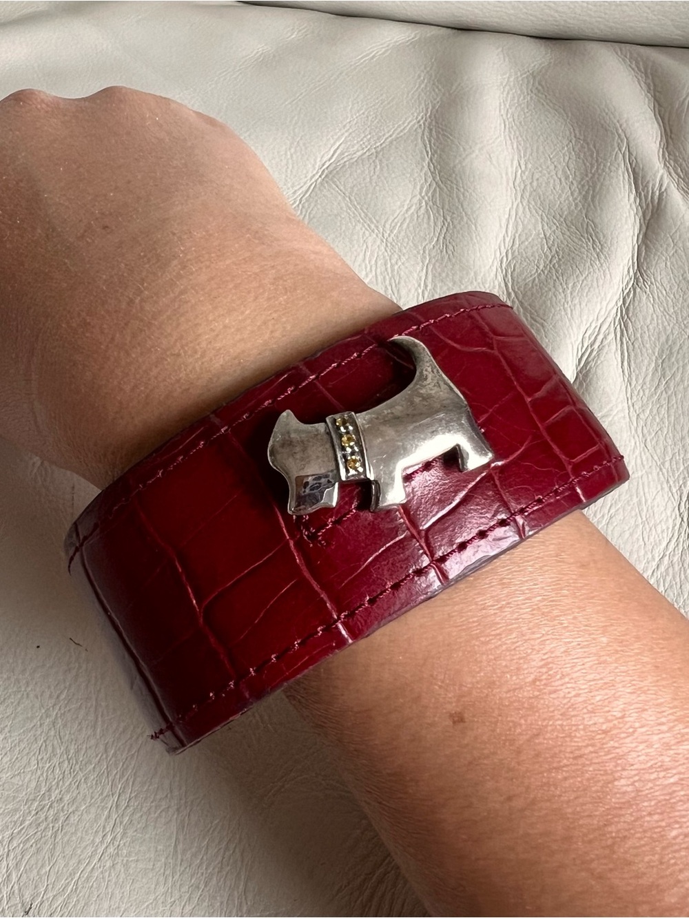 Burgundy Croc-Texture Leather Cuff Bracelet with Silver Dog Accent